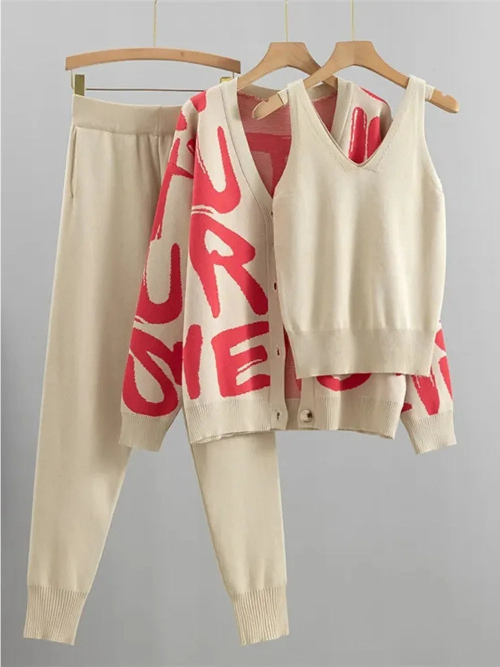 Knit Sweater 3 Piece Set Women Knitted Vest Cardigan Pencil Pants Suit Matching Sets Print Single Breasted Coat Knit Outfits