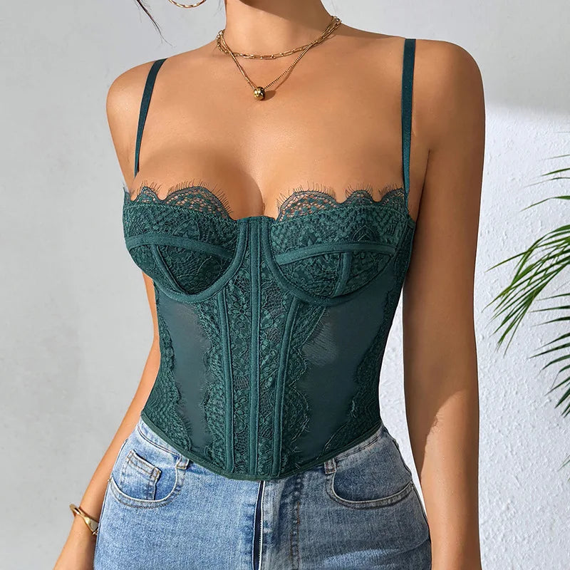 Women Lace Corset Tops Sexy Sheer Mesh Spaghetti Strap Fishbone Summer Bustier Top Y2K Going Out Night Club Party Concert Tops