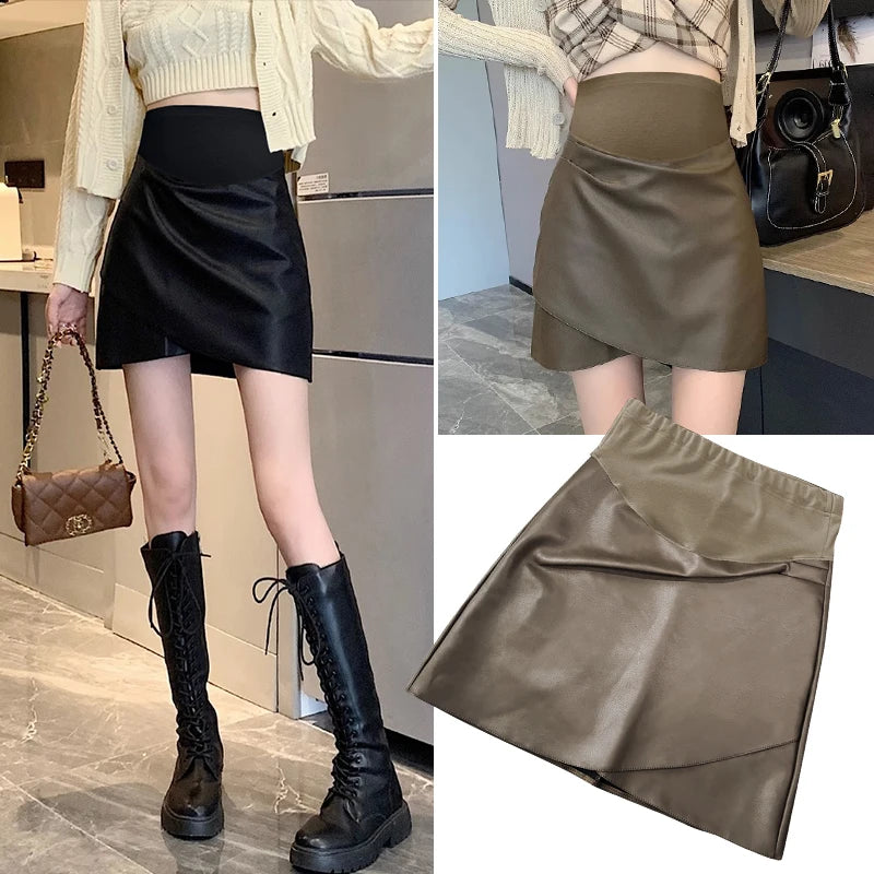 Irregular Bottoms PU Skirts for Maternity Autumn Winter Elastic Waist belly Pencil Clothes for Pregnant Women Youth Pregnancy