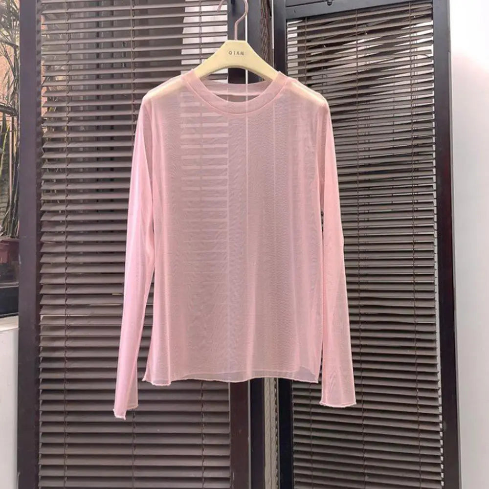 Sexy Mesh Long Sleeve T Shirt Solid Turtleneck Transparent Mesh Tops Long Sleeve Ladies T-Shirts Women Clothing Girls Basic Tops