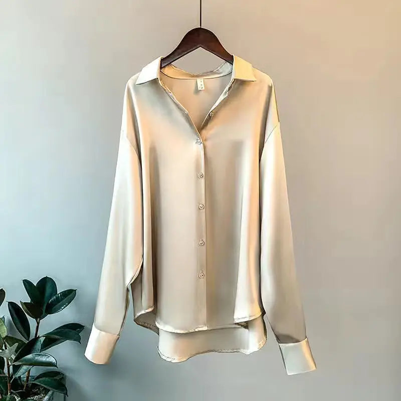 Satin Finish Long Sleeve Shirts Tops Fashion Women Single Breasted Lapel New Blouses Casual Office Lady Commute French Outwear