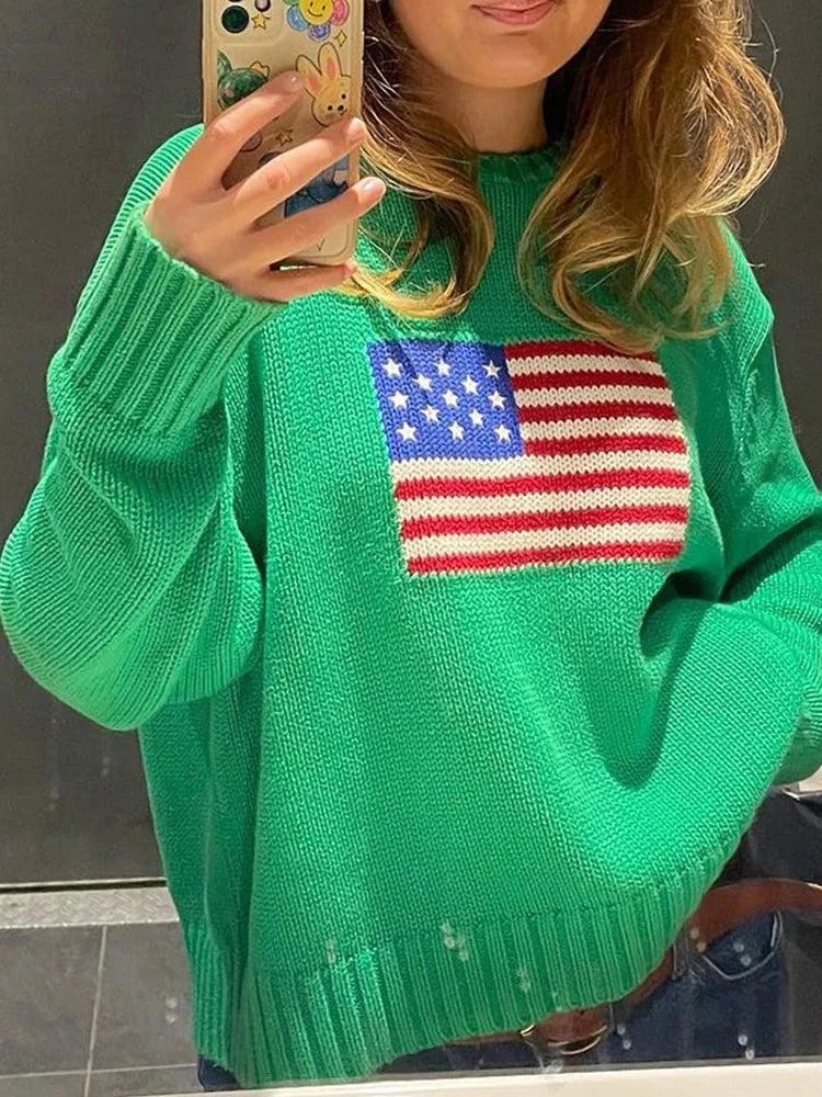American Knitwear Women's Spring Autumn European and American Casual Loose Round Neck Long Sleeve Sweater Trendy Brand Wholesale