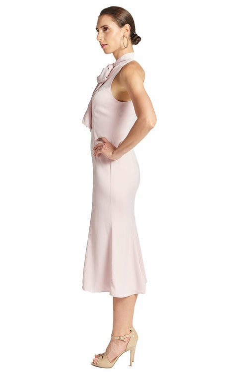 Eloise Dress - Stretch satin midi mermaid dress with neck tie rose
