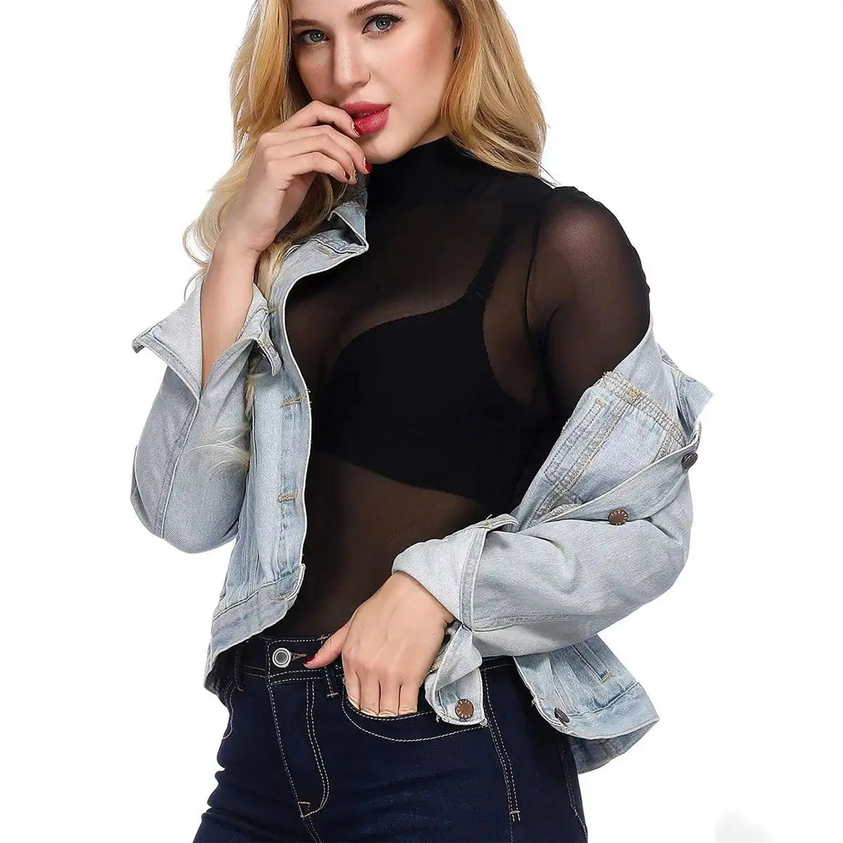 Women Sexy T-Shirt See Through Transparent Mesh Tops Long Sleeve Sheer Slim Ladies Turtleneck Tee