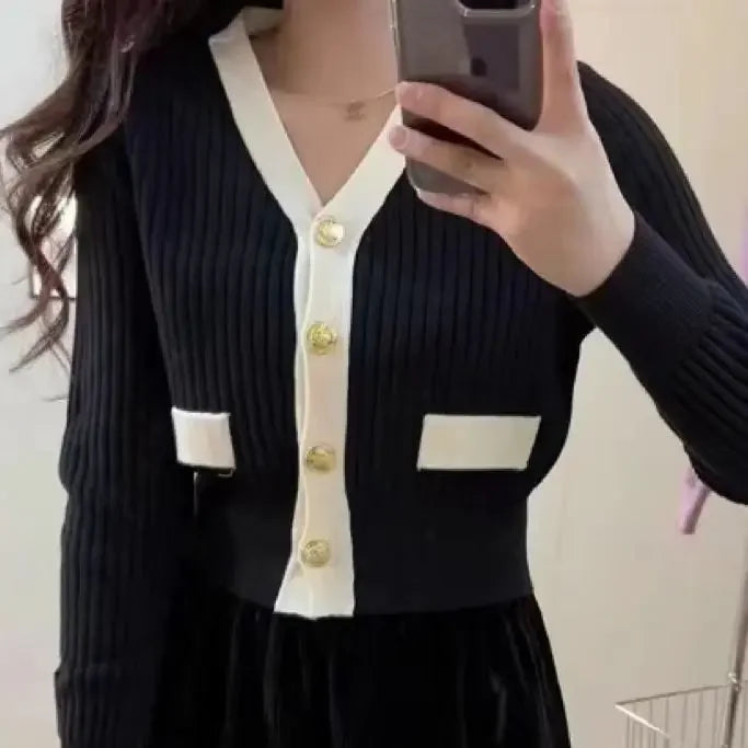 Women Clothing Knitwear Cropped Cardigan Coat V-neck Tunic Fashion Sueter Mujer Korean Casual Knitted Sweater Pull Femme