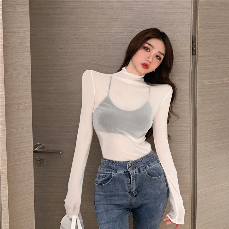 Mesh T Shirts Women Transparent Tops Long Sleeve Slim Turtleneck Stretchy T-Shirt Autumn Tees