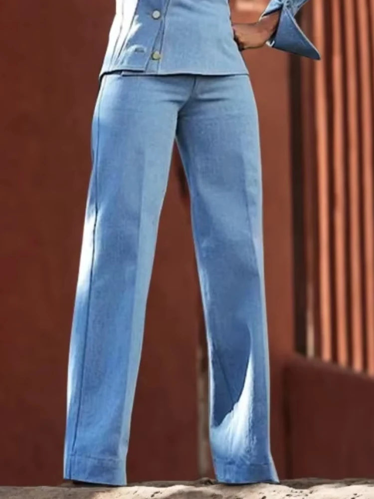 Beautyblue Women's Straight Trousers Blue Pants Casual 2025 New Spring High Waist Pure Cotton Female Bottom for Office Commute