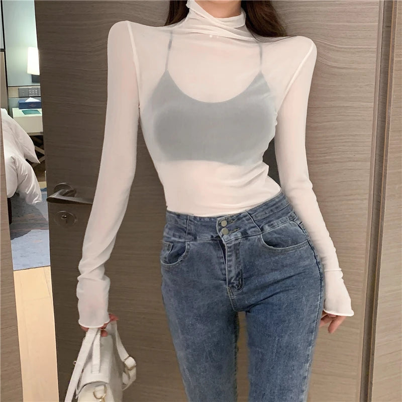 Mesh T Shirts Women Transparent Tops Long Sleeve Slim Turtleneck Stretchy T-Shirt Autumn Tees