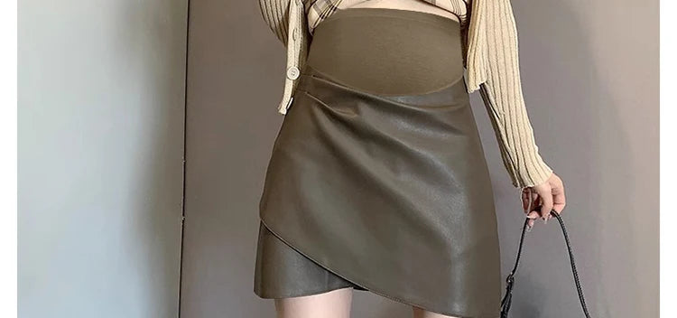 Irregular Bottoms PU Skirts for Maternity Autumn Winter Elastic Waist belly Pencil Clothes for Pregnant Women Youth Pregnancy