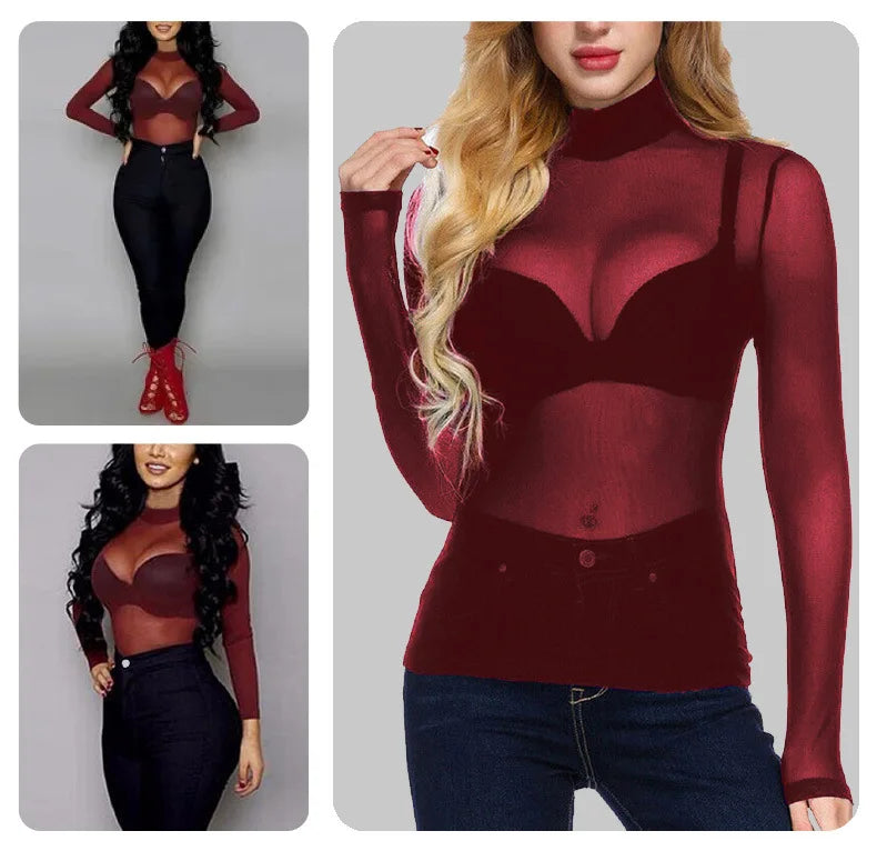 Women Sexy T-Shirt See Through Transparent Mesh Tops Long Sleeve Sheer Slim Ladies Turtleneck Tee