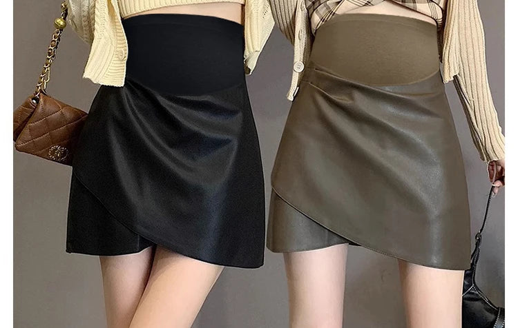 Irregular Bottoms PU Skirts for Maternity Autumn Winter Elastic Waist belly Pencil Clothes for Pregnant Women Youth Pregnancy