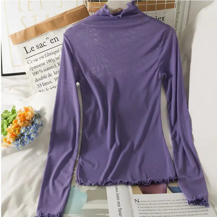 Mesh T Shirts Women Transparent Tops Long Sleeve Slim Turtleneck Stretchy T-Shirt Autumn Tees