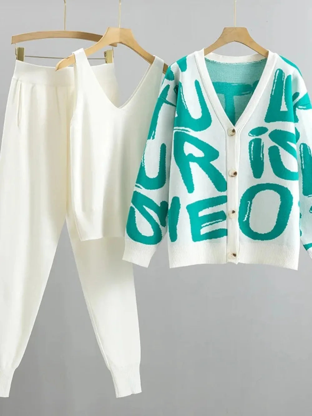 Knit Sweater 3 Piece Set Women Knitted Vest Cardigan Pencil Pants Suit Matching Sets Print Single Breasted Coat Knit Outfits