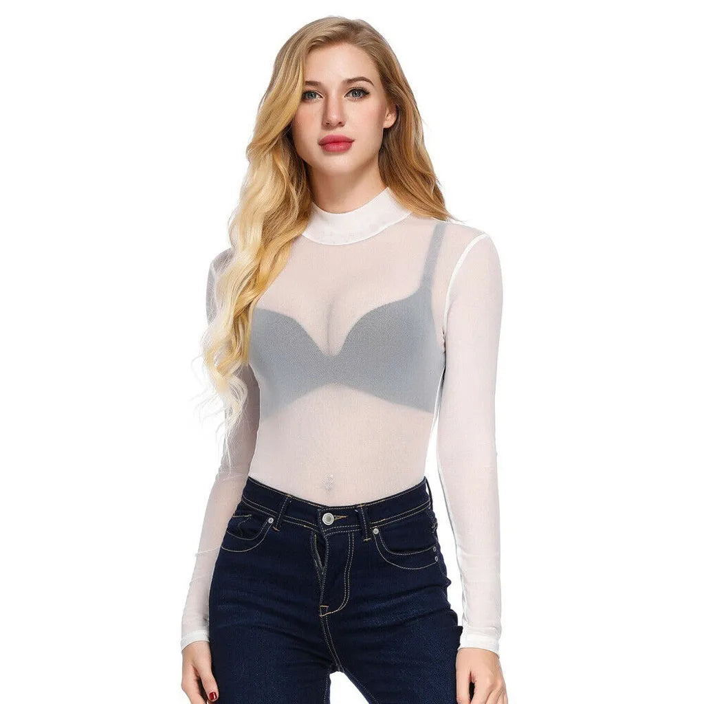 Women Sexy T-Shirt See Through Transparent Mesh Tops Long Sleeve Sheer Slim Ladies Turtleneck Tee