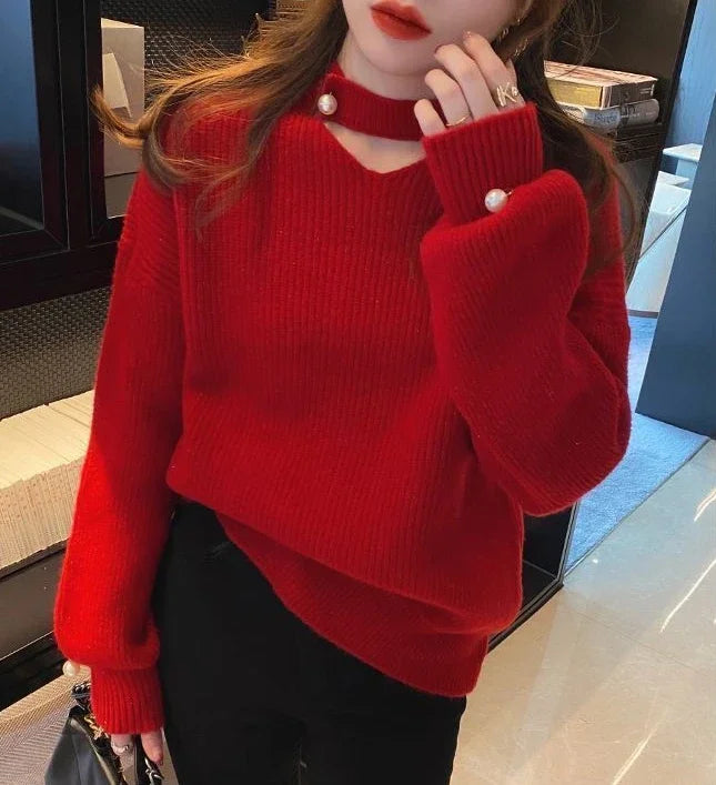 Knit Tops for Woman Red V-neck Women's Sweater Pullovers Crochet Cold Winter Y2k Fashion Korea Vintage New in Warm Knitwear 90s