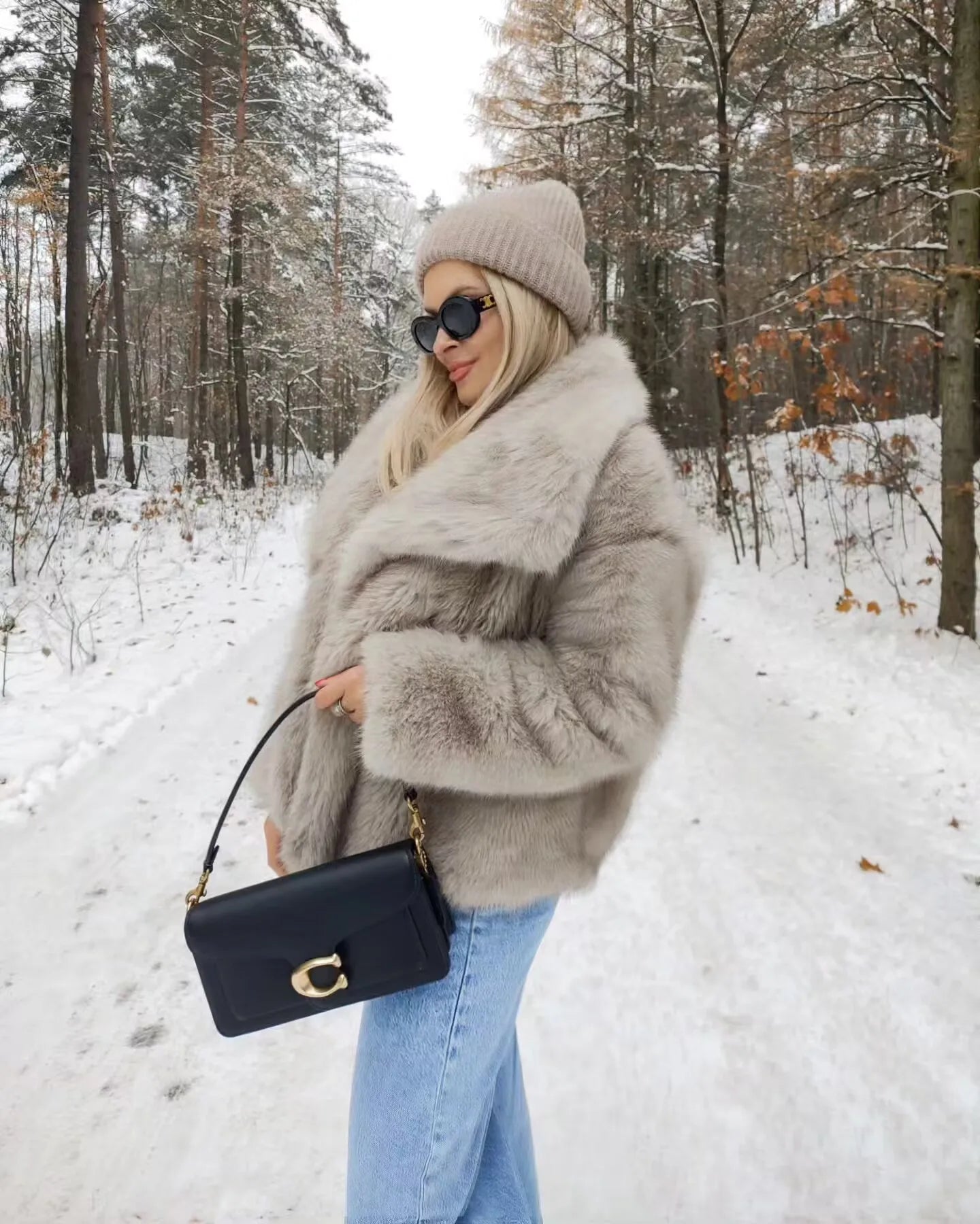 MUJER Black Faux Fur Coat for Women Autumn Winter Plush Coats and Jackets Streetwear Outerwears Long Sleeve Warm Womens Coats