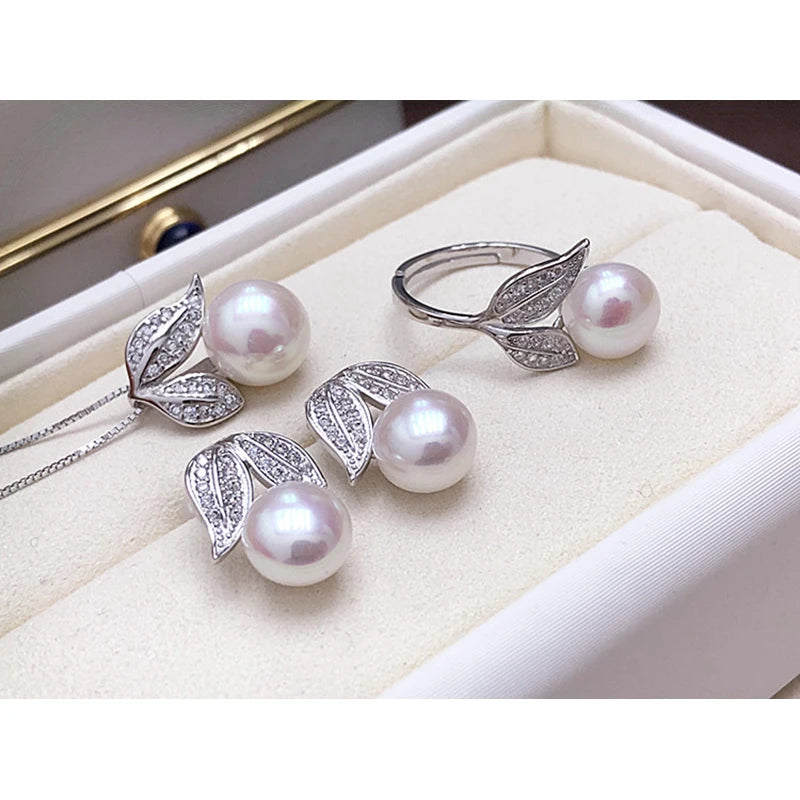 Real Pearl  ring Necklace Earrings For Women,Natural Freshwater White Pearl Jewelry Set 925 Sterling Silver Jewelry Sets Gift