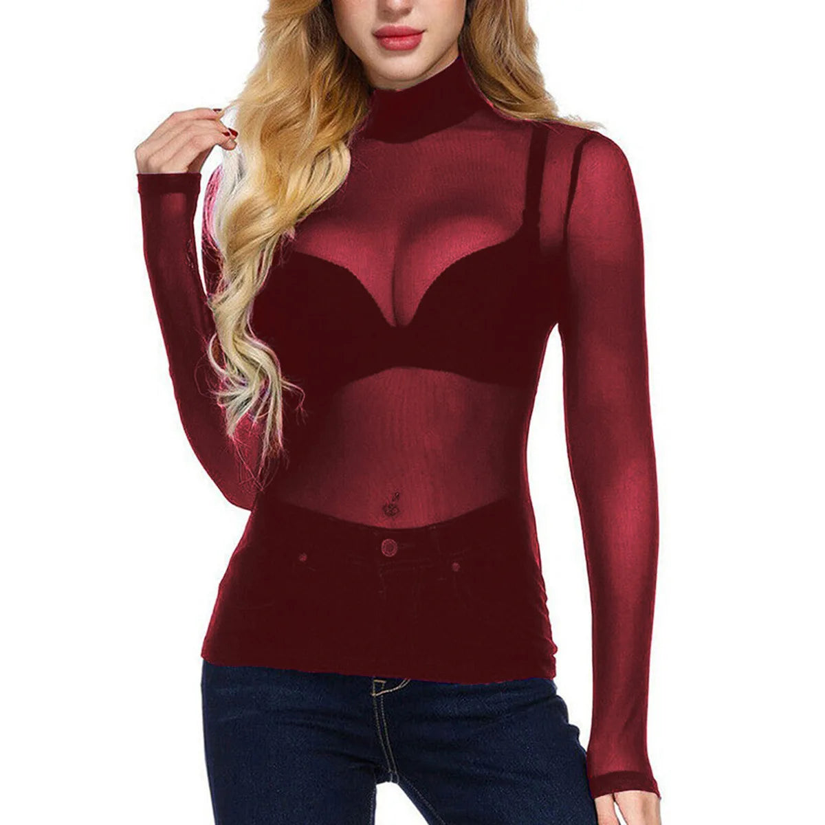 Women Sexy T-Shirt See Through Transparent Mesh Tops Long Sleeve Sheer Slim Ladies Turtleneck Tee