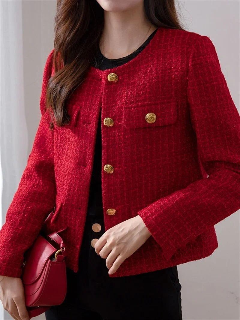 Women's Jacket 2025 New Autumn Fashion Red Tweed Small Fragrance Coat Ladies Short Blazers Korean Elegant Female Tops Outerwear