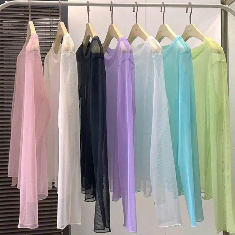 Sexy Mesh Long Sleeve T Shirt Solid Turtleneck Transparent Mesh Tops Long Sleeve Ladies T-Shirts Women Clothing Girls Basic Tops