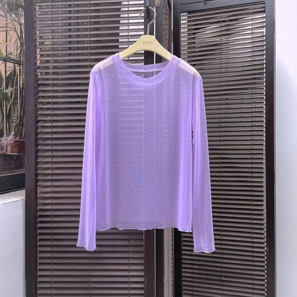 Sexy Mesh Long Sleeve T Shirt Solid Turtleneck Transparent Mesh Tops Long Sleeve Ladies T-Shirts Women Clothing Girls Basic Tops
