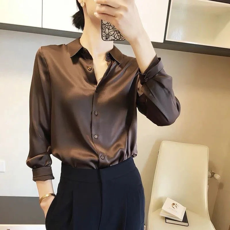 Satin Finish Long Sleeve Shirts Tops Fashion Women Single Breasted Lapel New Blouses Casual Office Lady Commute French Outwear