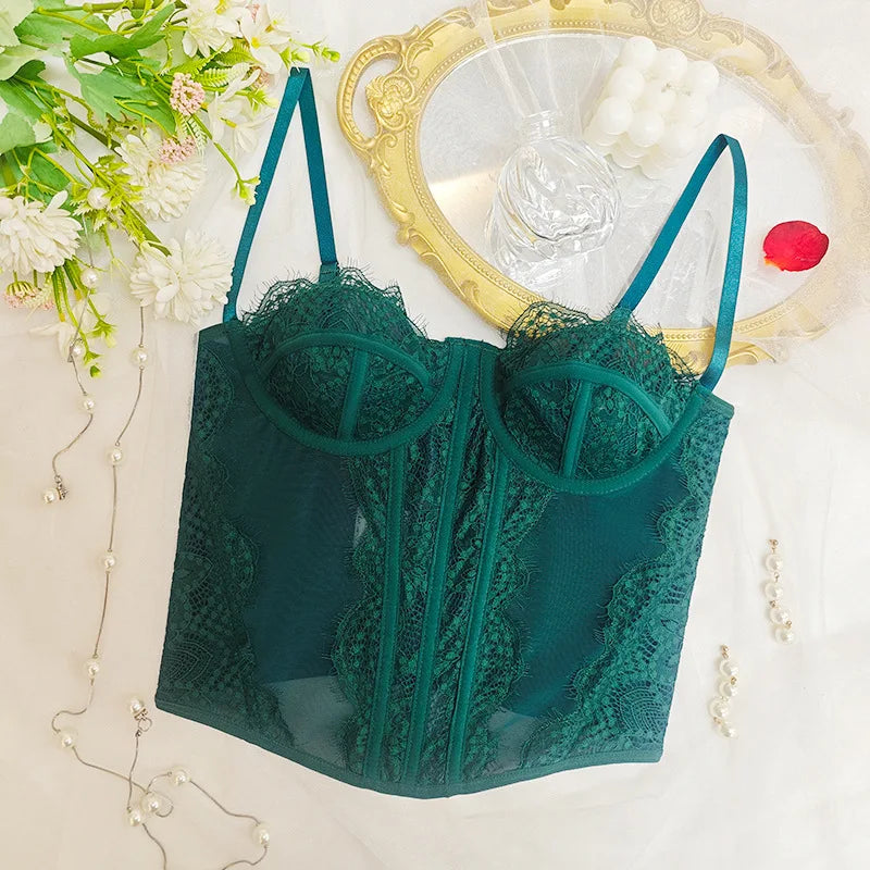 Women Lace Corset Tops Sexy Sheer Mesh Spaghetti Strap Fishbone Summer Bustier Top Y2K Going Out Night Club Party Concert Tops
