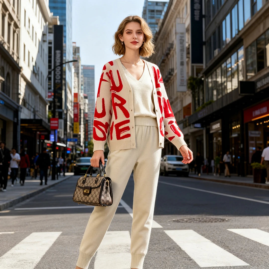 Knit Sweater 3 Piece Set Women Knitted Vest Cardigan Pencil Pants Suit Matching Sets Print Single Breasted Coat Knit Outfits