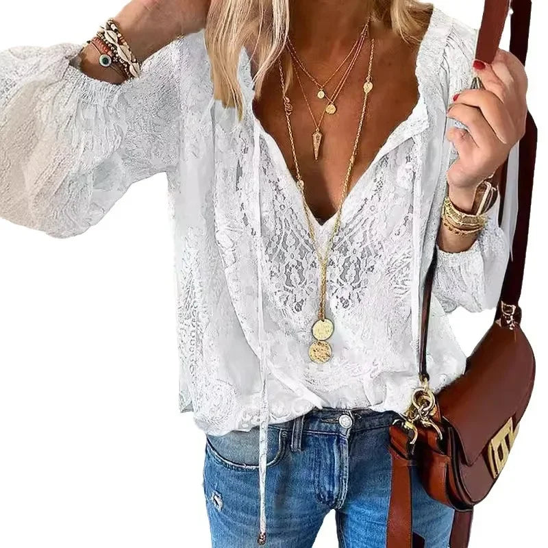 Women's Blouses Fashion Boho Lace Hollow Out Deep V Neck Pullover Shirt Women Elegant Casual Blouse Female Tops Spring Summer