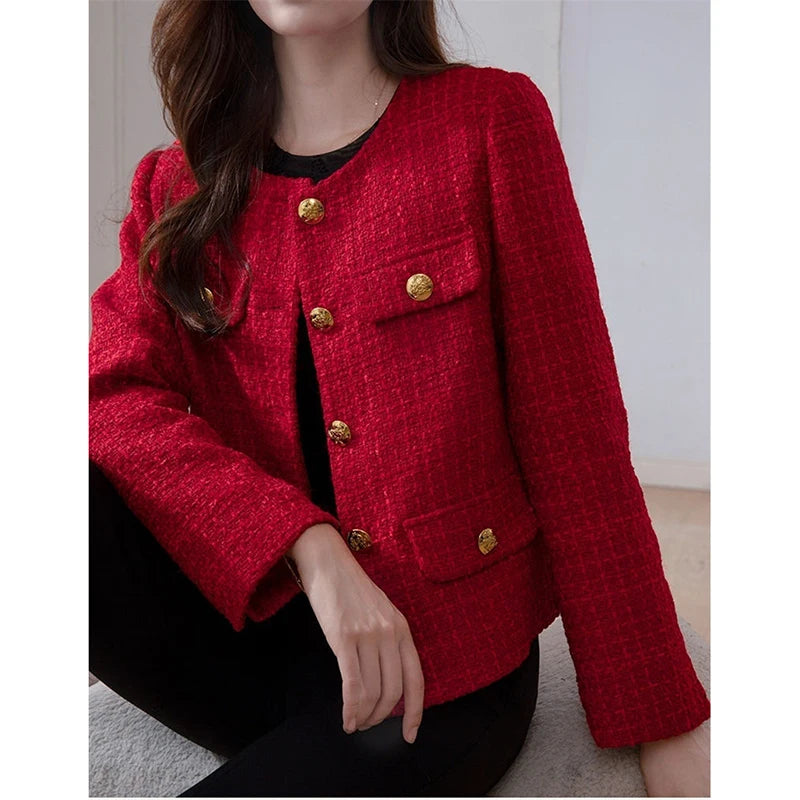 Women's Jacket 2025 New Autumn Fashion Red Tweed Small Fragrance Coat Ladies Short Blazers Korean Elegant Female Tops Outerwear
