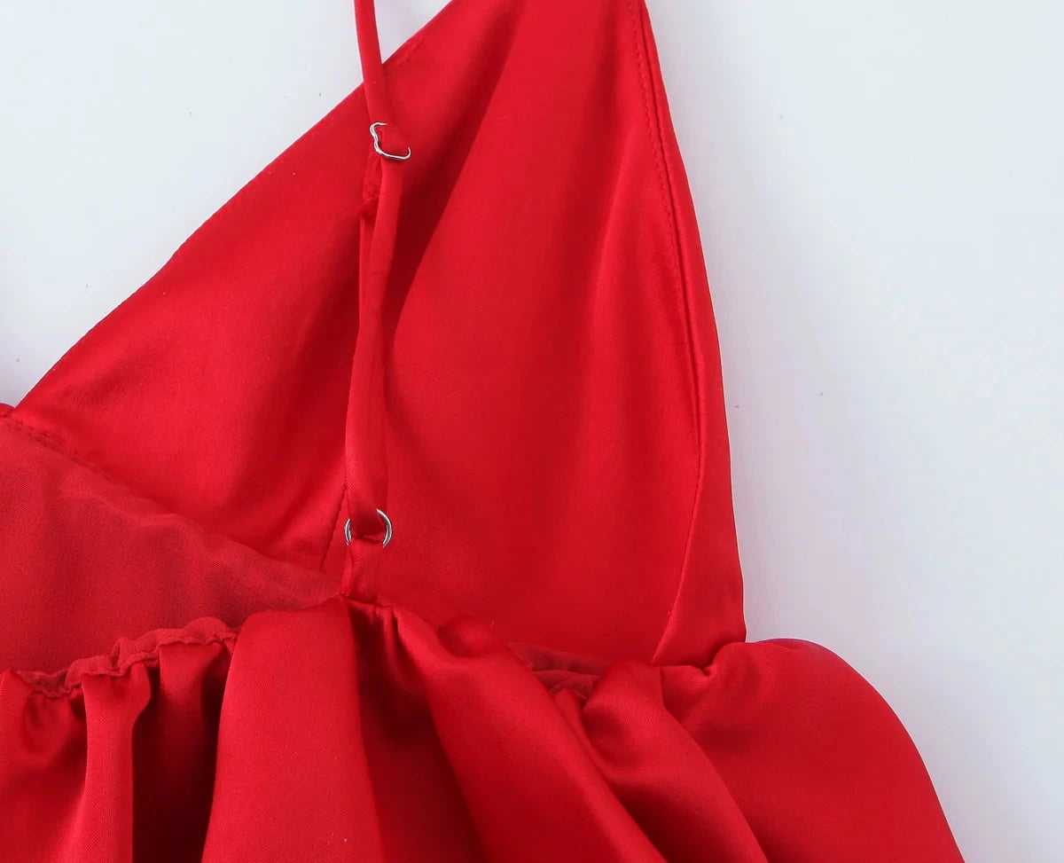 HH Female Summer Fashion Satin Texture Red Sling Tops V-Neck Solid Sleeveless Backless Elegant Pleated Sexy Party Tank Tops