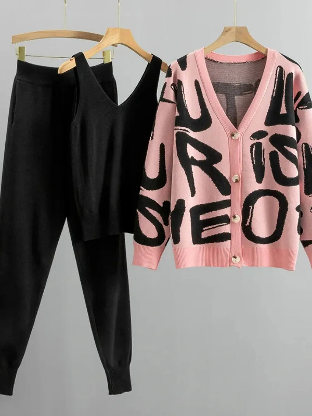 Knit Sweater 3 Piece Set Women Knitted Vest Cardigan Pencil Pants Suit Matching Sets Print Single Breasted Coat Knit Outfits