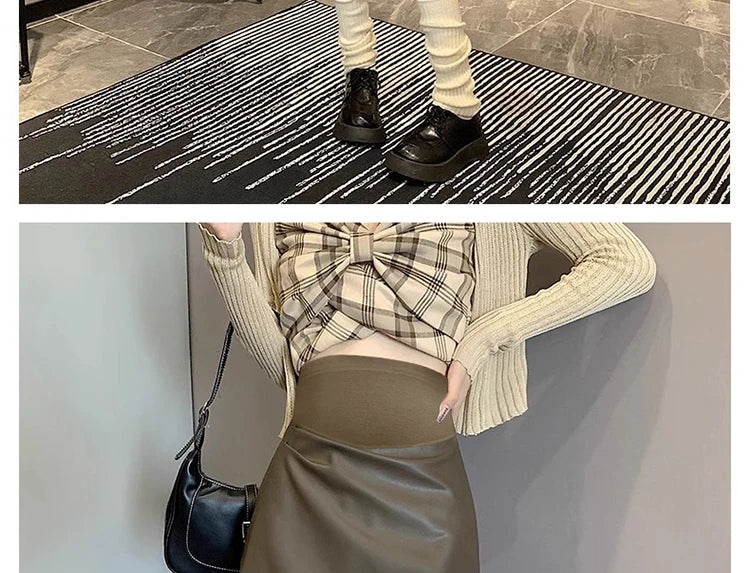 Irregular Bottoms PU Skirts for Maternity Autumn Winter Elastic Waist belly Pencil Clothes for Pregnant Women Youth Pregnancy