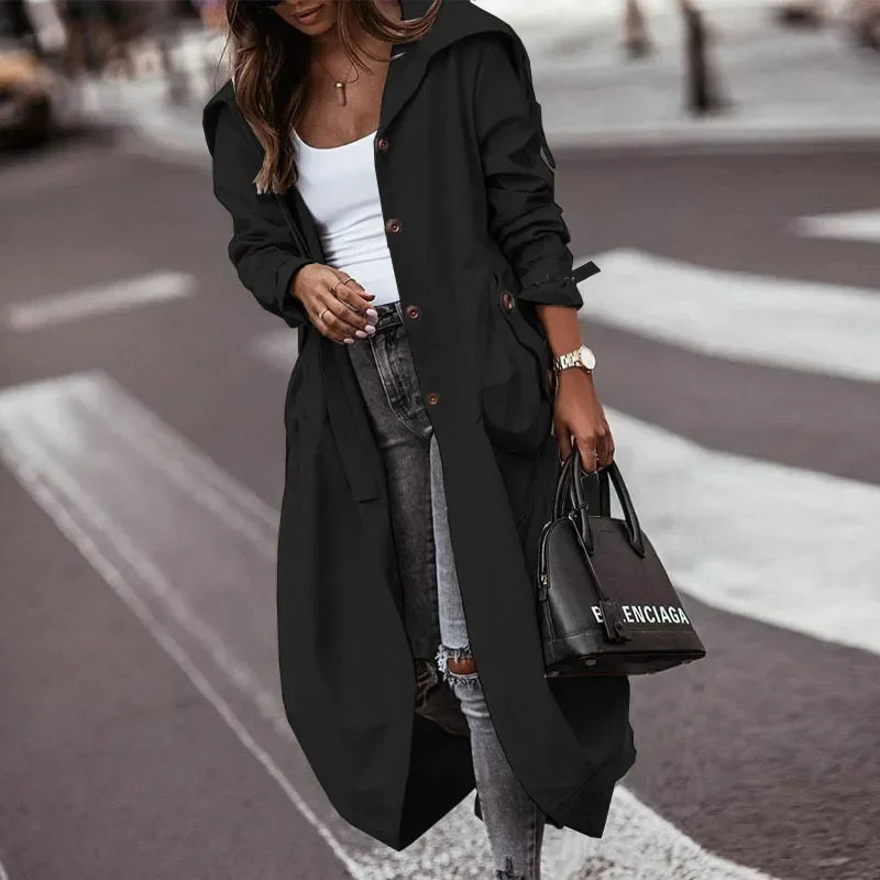 Single-Breasted Trench Coat Women Streetwear Overcoats Jackets Outwear Pocket Hooded Autumn Long Coats Trench