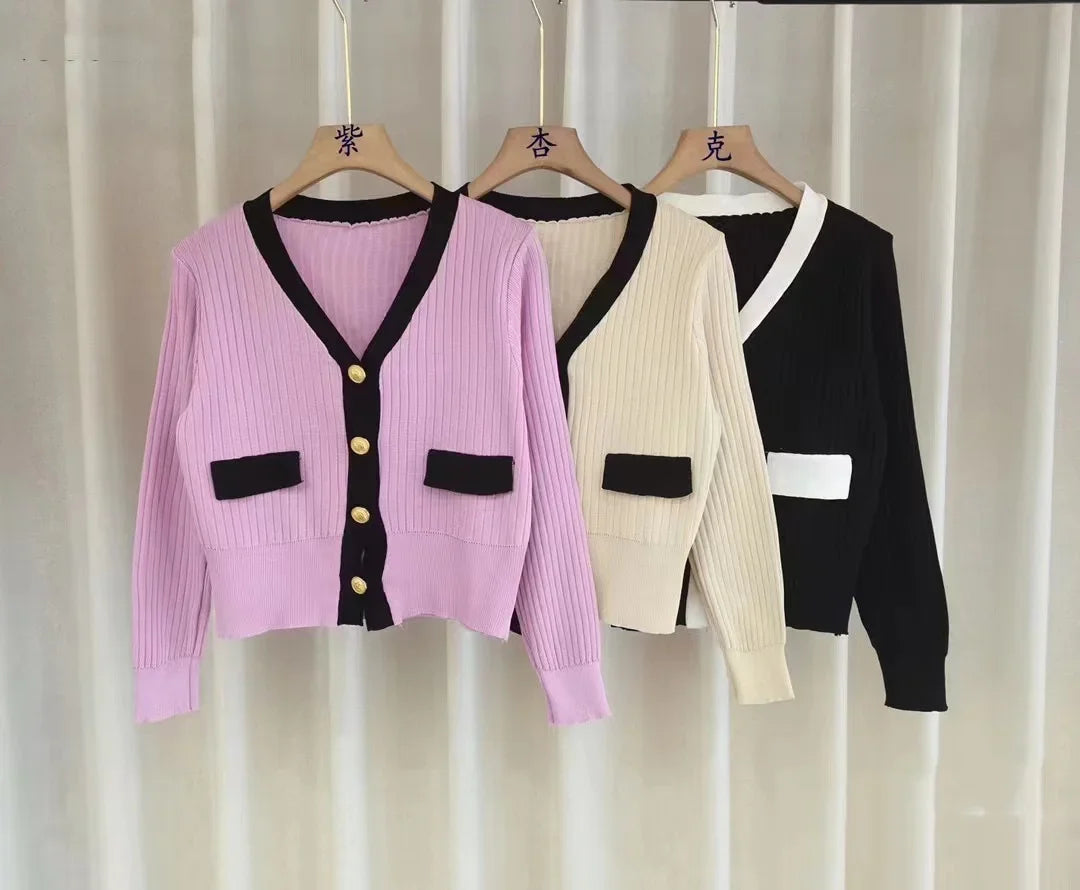 Women Clothing Knitwear Cropped Cardigan Coat V-neck Tunic Fashion Sueter Mujer Korean Casual Knitted Sweater Pull Femme