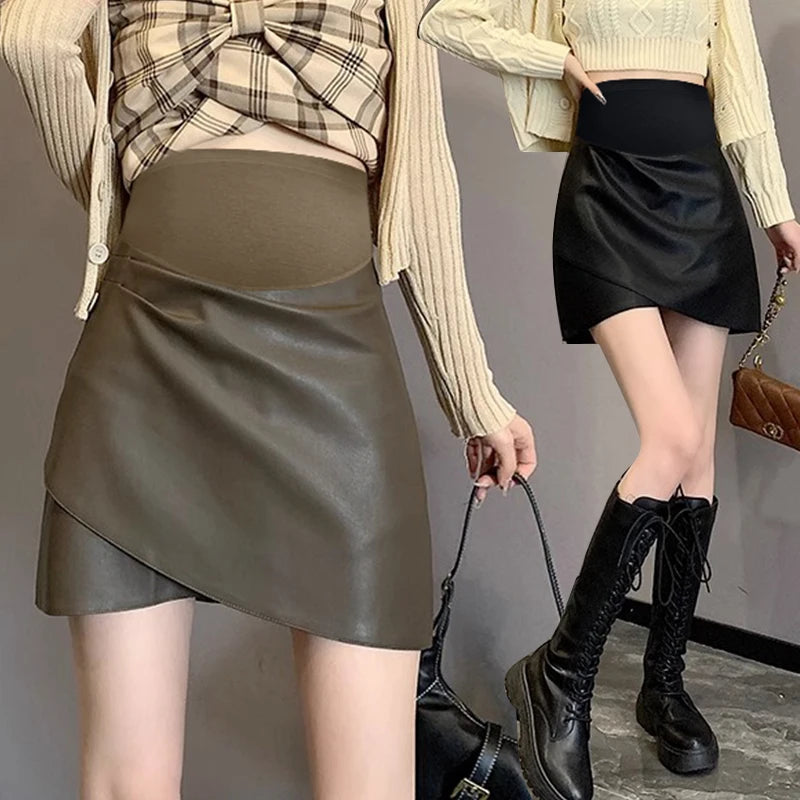 Irregular Bottoms PU Skirts for Maternity Autumn Winter Elastic Waist belly Pencil Clothes for Pregnant Women Youth Pregnancy