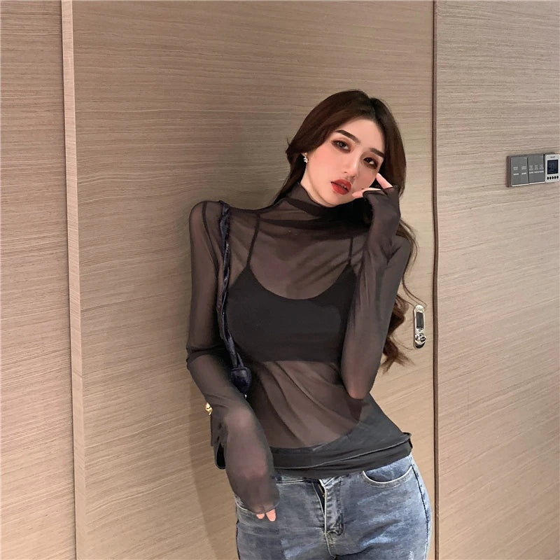 Mesh T Shirts Women Transparent Tops Long Sleeve Slim Turtleneck Stretchy T-Shirt Autumn Tees