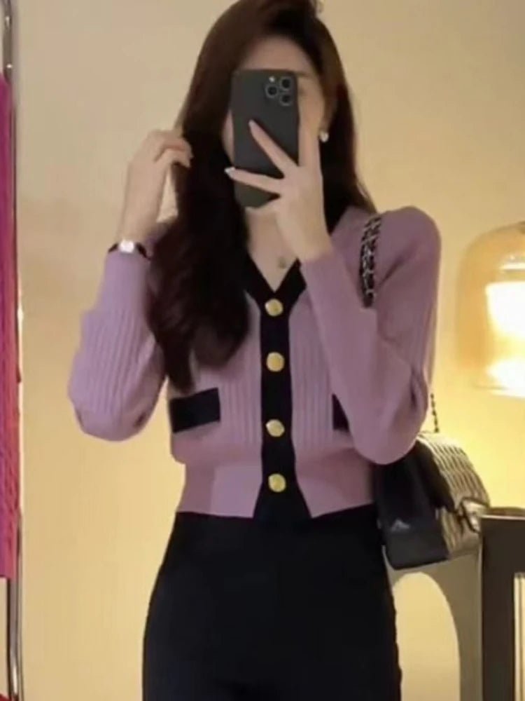 Women Clothing Knitwear Cropped Cardigan Coat V-neck Tunic Fashion Sueter Mujer Korean Casual Knitted Sweater Pull Femme