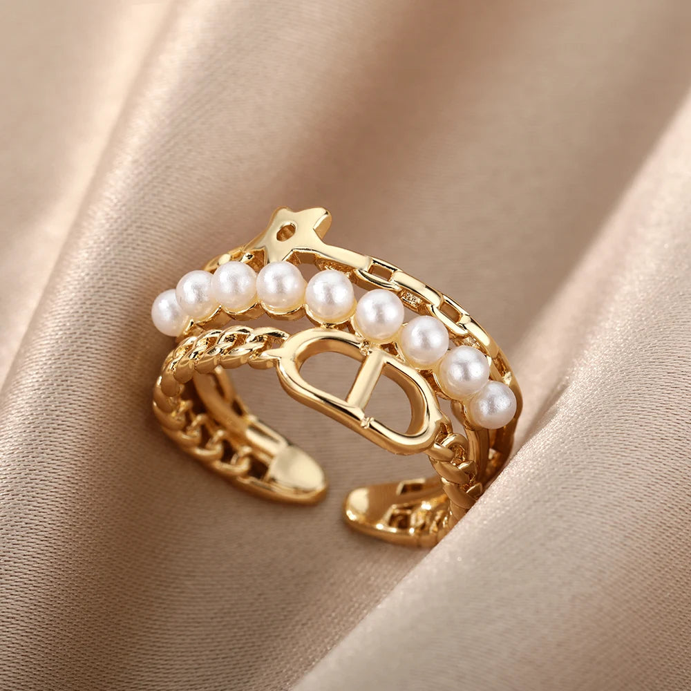 Pearl Collection Gold Color Copper Zirconia Rings For Women Classic Adjustable Moon Open Ring  Fashion Aesthetic Jewelry Gifts