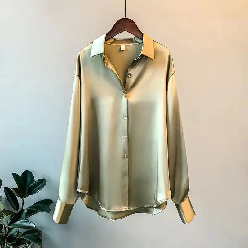 Satin Finish Long Sleeve Shirts Tops Fashion Women Single Breasted Lapel New Blouses Casual Office Lady Commute French Outwear