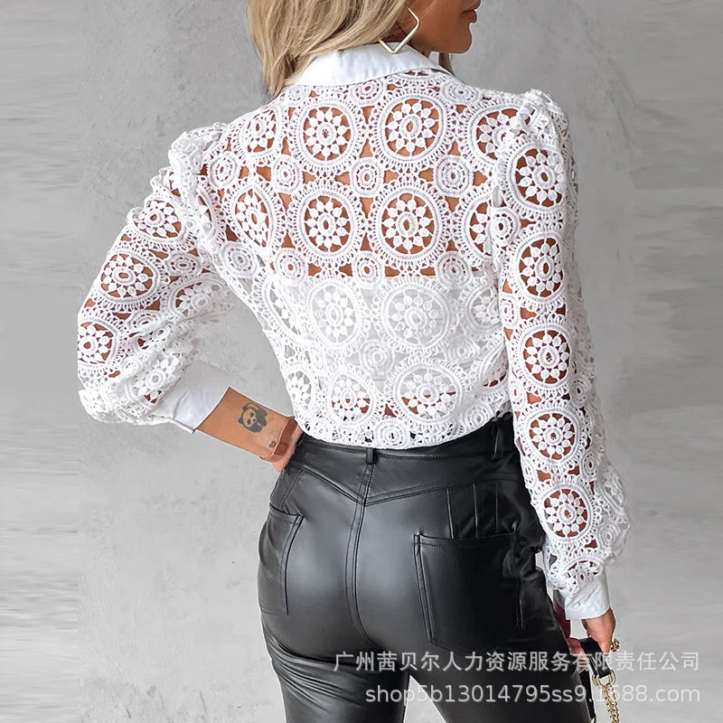 Lace Blouses For Women Elegant Office White Shirt Long Sleeve Button Turn-down Collar Sexy Hollow Tops Fashion Women's Clothing