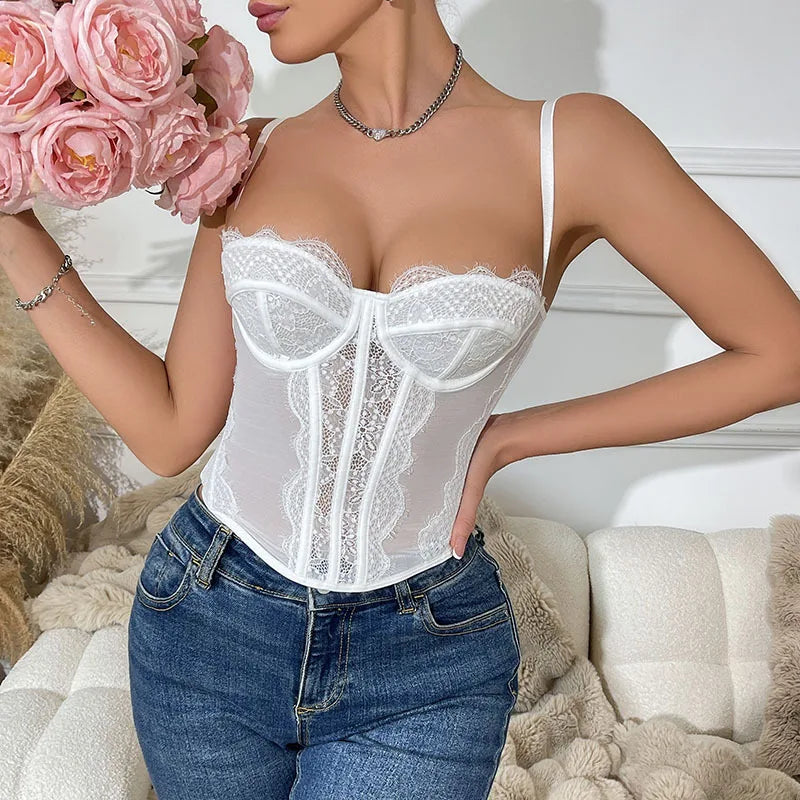 Women Lace Corset Tops Sexy Sheer Mesh Spaghetti Strap Fishbone Summer Bustier Top Y2K Going Out Night Club Party Concert Tops
