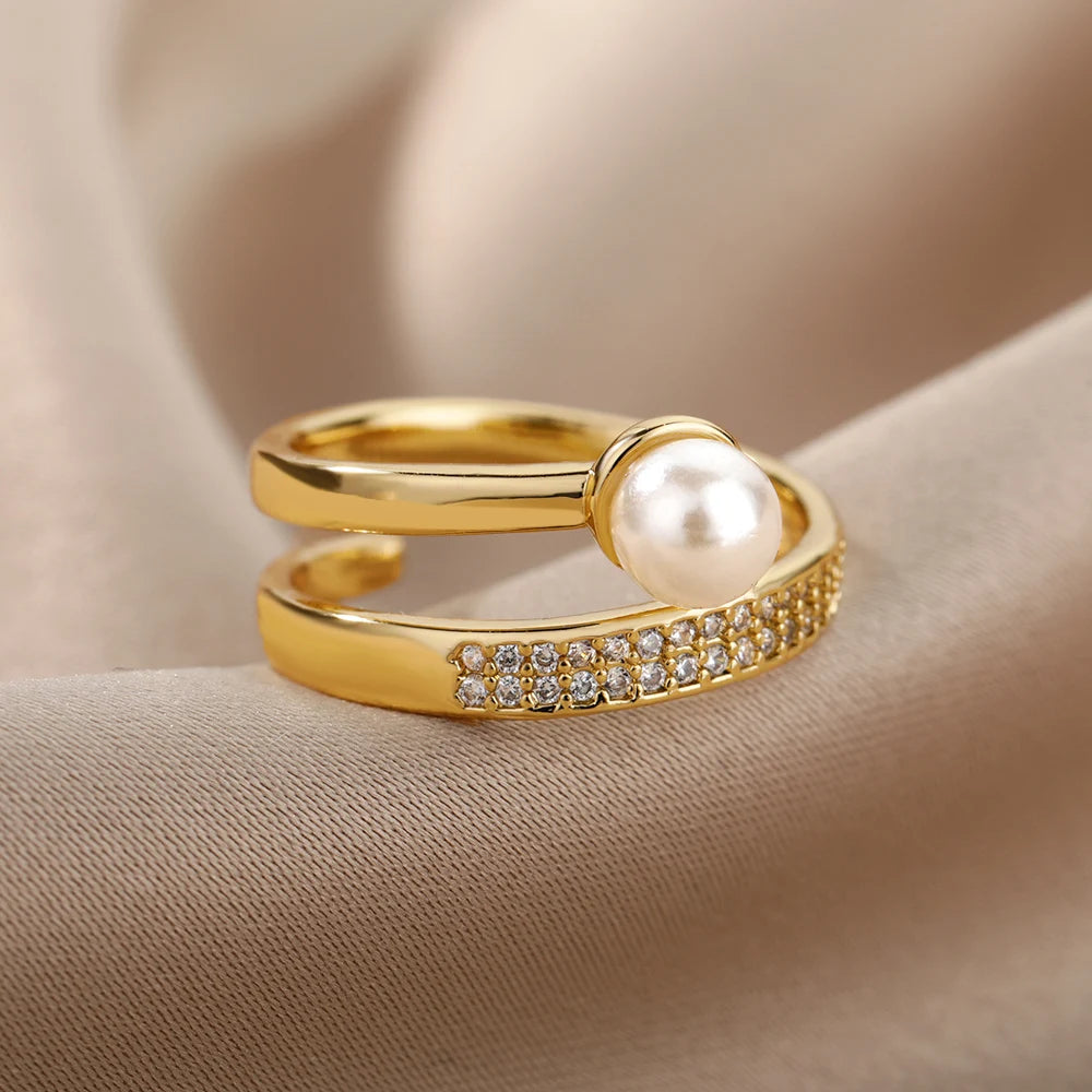 Pearl Collection Gold Color Copper Zirconia Rings For Women Classic Adjustable Moon Open Ring  Fashion Aesthetic Jewelry Gifts