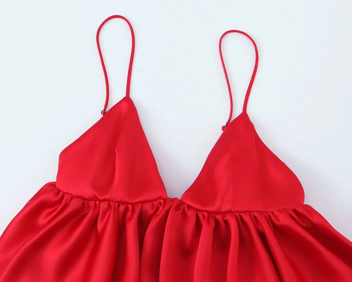 HH Female Summer Fashion Satin Texture Red Sling Tops V-Neck Solid Sleeveless Backless Elegant Pleated Sexy Party Tank Tops