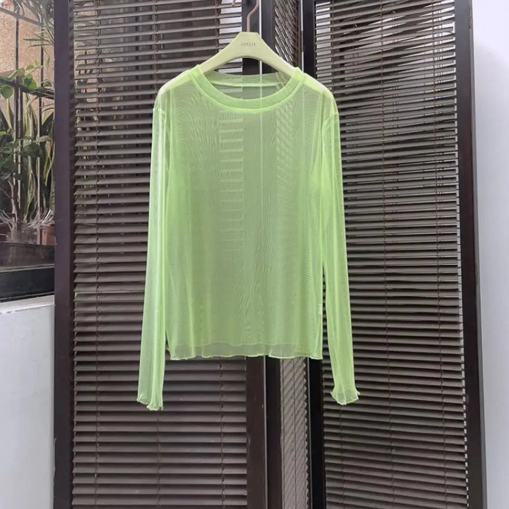 Sexy Mesh Long Sleeve T Shirt Solid Turtleneck Transparent Mesh Tops Long Sleeve Ladies T-Shirts Women Clothing Girls Basic Tops