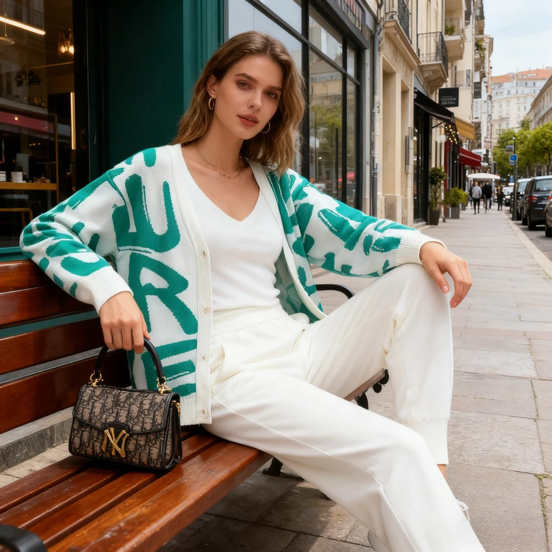 Knit Sweater 3 Piece Set Women Knitted Vest Cardigan Pencil Pants Suit Matching Sets Print Single Breasted Coat Knit Outfits