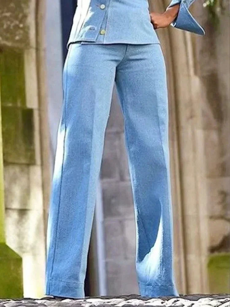 Beautyblue Women's Straight Trousers Blue Pants Casual 2025 New Spring High Waist Pure Cotton Female Bottom for Office Commute