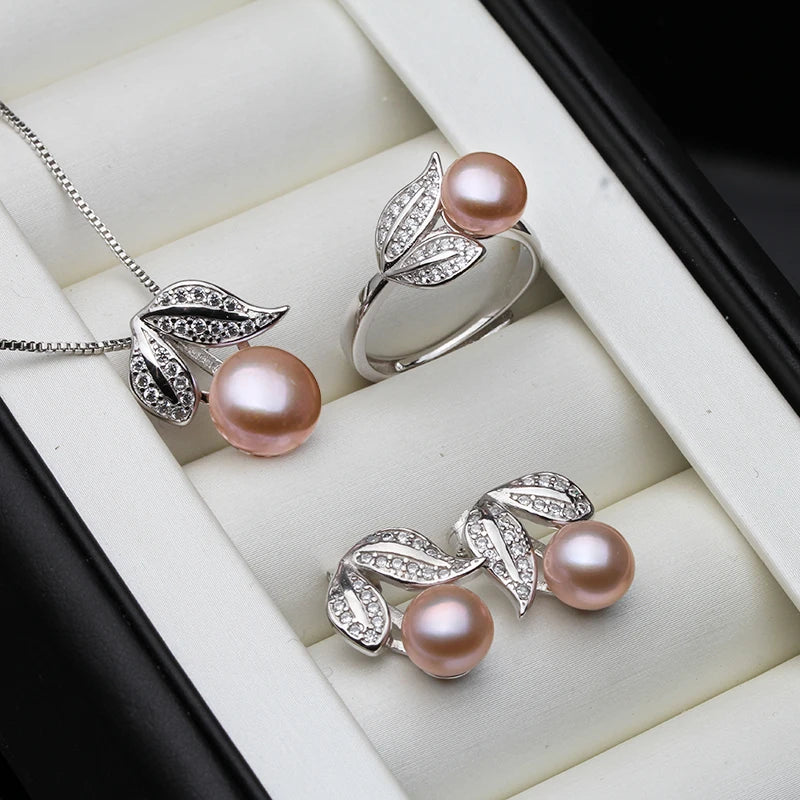 Real Pearl  ring Necklace Earrings For Women,Natural Freshwater White Pearl Jewelry Set 925 Sterling Silver Jewelry Sets Gift