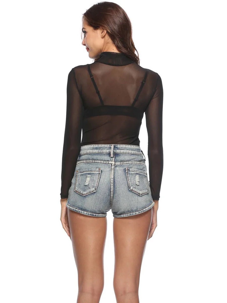 Women Sexy T-Shirt See Through Transparent Mesh Tops Long Sleeve Sheer Slim Ladies Turtleneck Tee