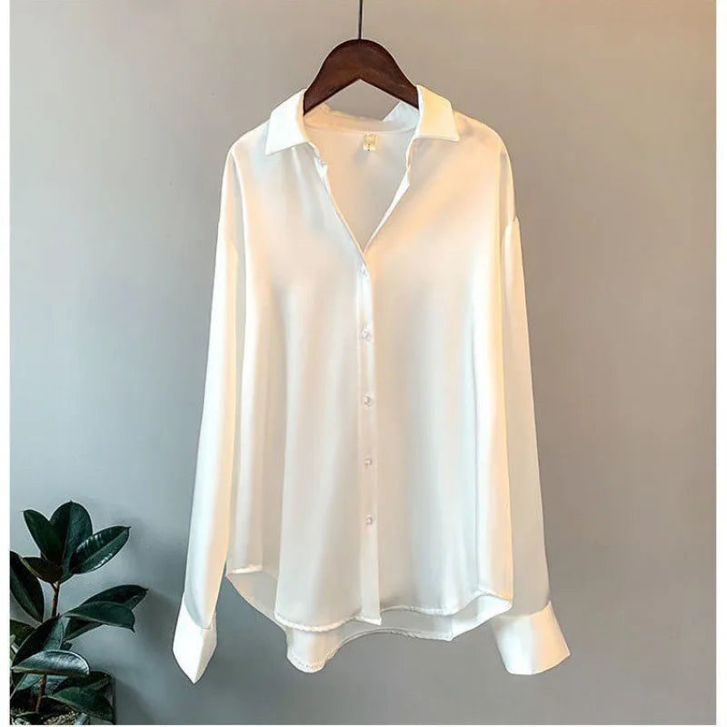 Satin Finish Long Sleeve Shirts Tops Fashion Women Single Breasted Lapel New Blouses Casual Office Lady Commute French Outwear